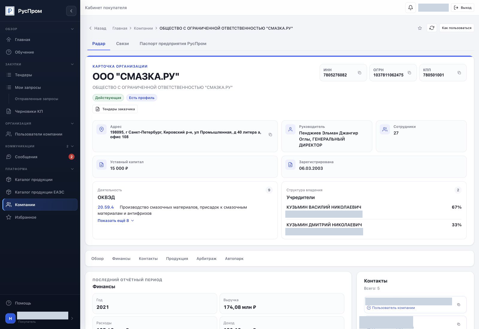 Радар РусПром: реквизиты компании, виды деятельности и структура владения